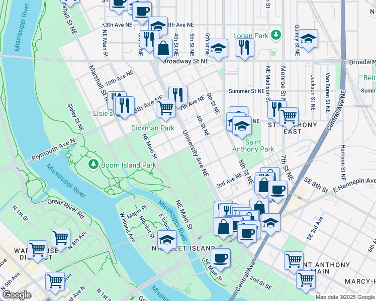 map of restaurants, bars, coffee shops, grocery stores, and more near 514 University Avenue Northeast in Minneapolis