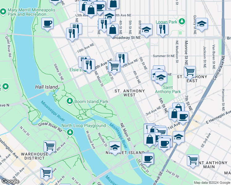 map of restaurants, bars, coffee shops, grocery stores, and more near 604 Northeast 2nd Street in Minneapolis