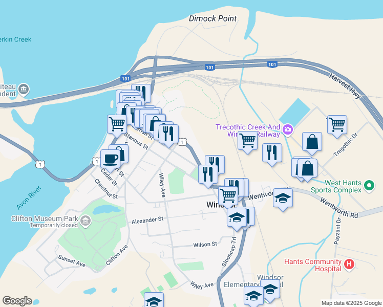 map of restaurants, bars, coffee shops, grocery stores, and more near 306 King Street in Windsor