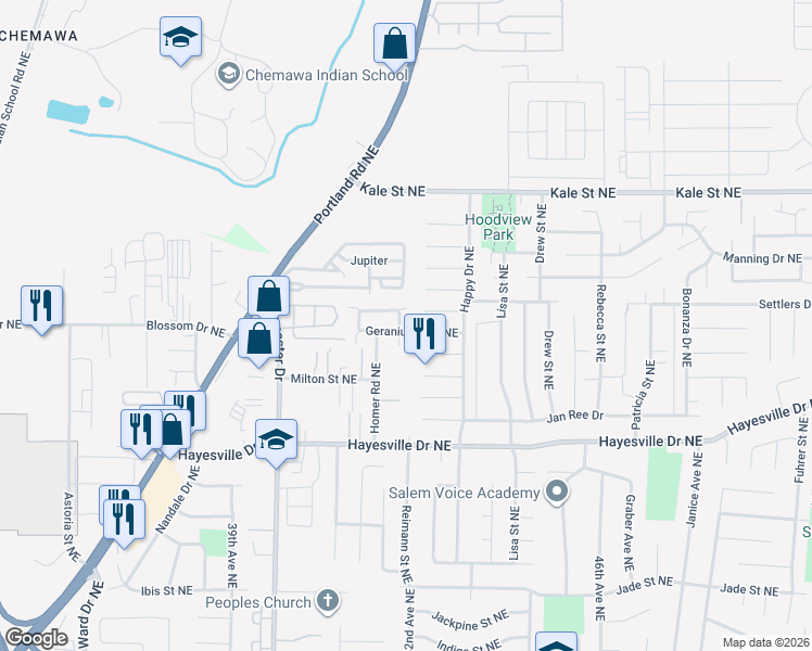 map of restaurants, bars, coffee shops, grocery stores, and more near 4221 Windflower Court Northeast in Salem