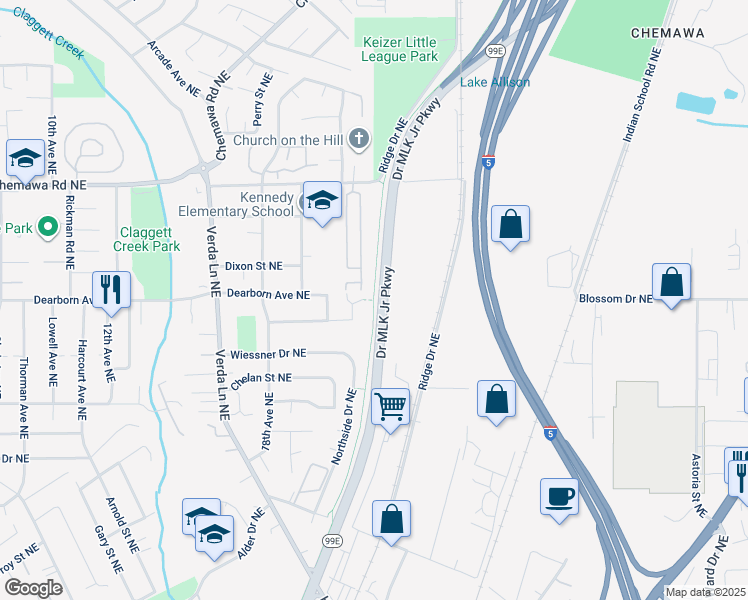 map of restaurants, bars, coffee shops, grocery stores, and more near Salem Parkway Bike Path in Keizer