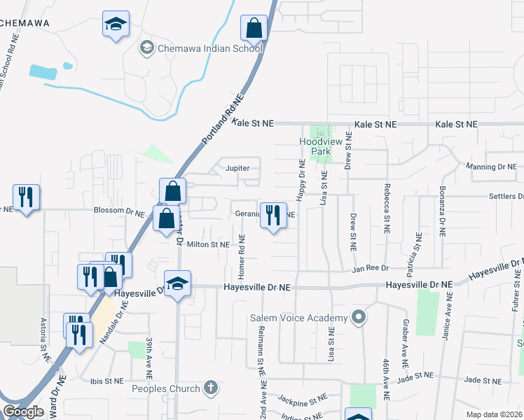 map of restaurants, bars, coffee shops, grocery stores, and more near 4221 Windflower Court Northeast in Salem