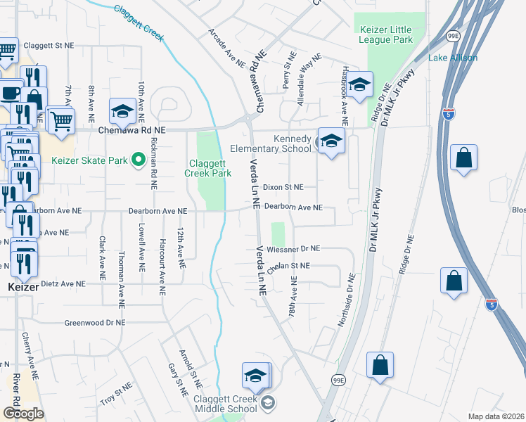 map of restaurants, bars, coffee shops, grocery stores, and more near 1710 Dearborn Avenue Northeast in Keizer
