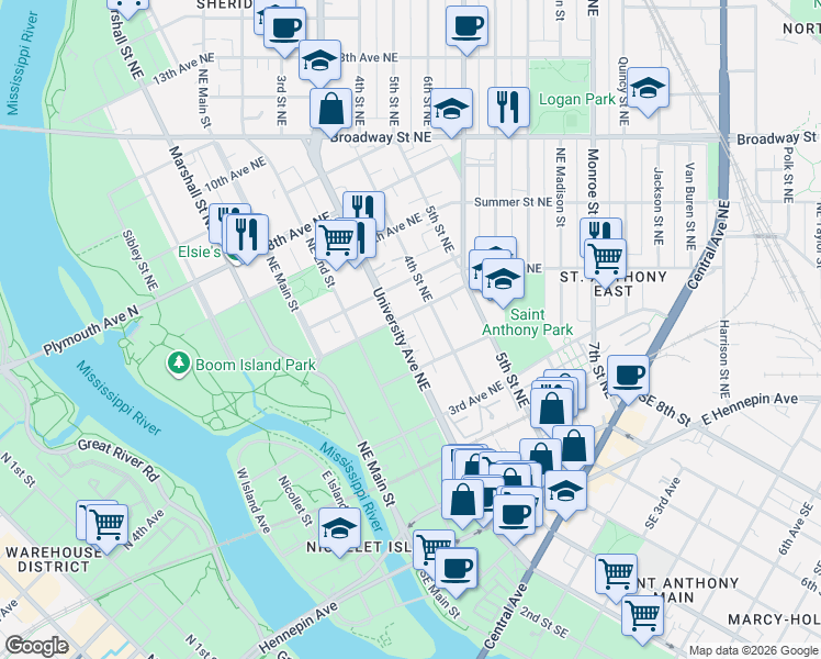 map of restaurants, bars, coffee shops, grocery stores, and more near 317 5th Avenue Northeast in Minneapolis
