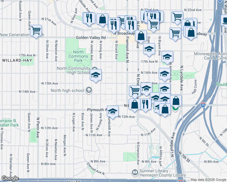 map of restaurants, bars, coffee shops, grocery stores, and more near 1424 North Girard Avenue in Minneapolis