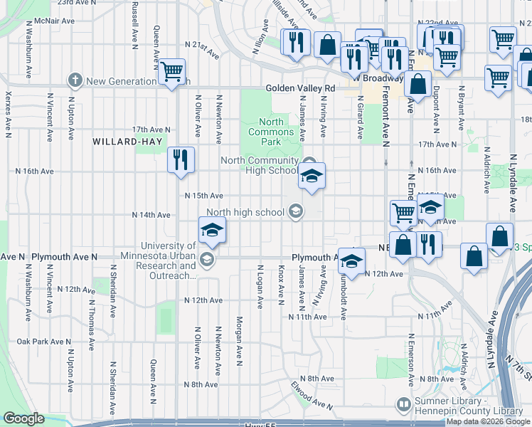 map of restaurants, bars, coffee shops, grocery stores, and more near 1430 Logan Avenue North in Minneapolis