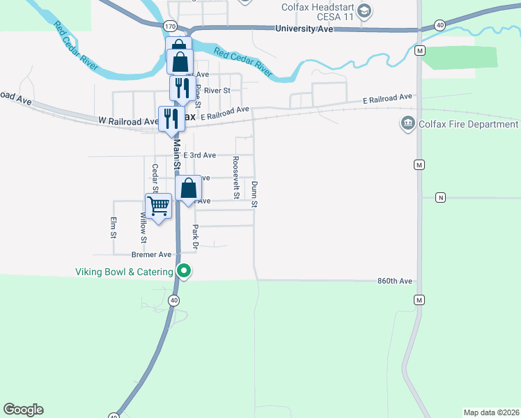 map of restaurants, bars, coffee shops, grocery stores, and more near 607 5th Avenue in Colfax