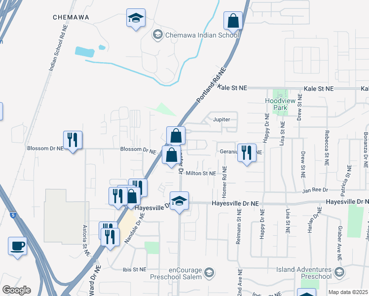 map of restaurants, bars, coffee shops, grocery stores, and more near 4848-4860 Lancaster Drive Northeast in Salem