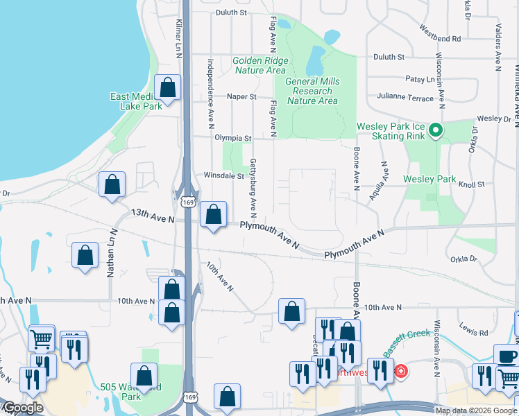 map of restaurants, bars, coffee shops, grocery stores, and more near 1325 Flag Avenue North in Minneapolis