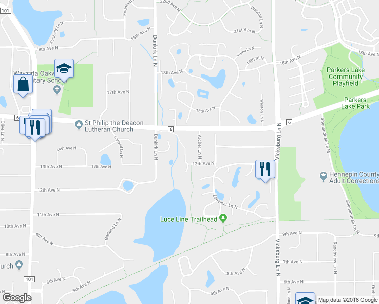 map of restaurants, bars, coffee shops, grocery stores, and more near 1310 Black Oaks Lane North in Minneapolis
