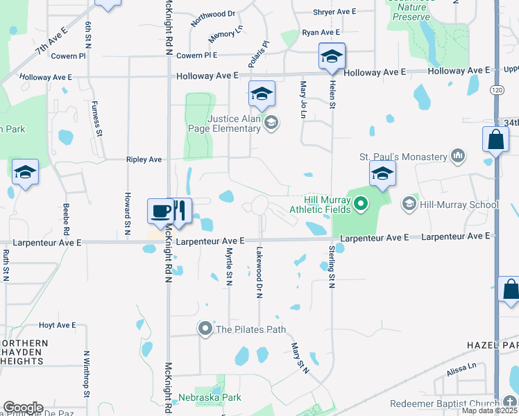 map of restaurants, bars, coffee shops, grocery stores, and more near 1749 Myrtle Street North in Saint Paul
