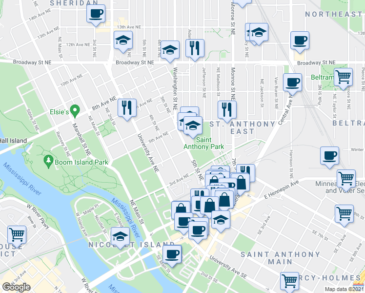 map of restaurants, bars, coffee shops, grocery stores, and more near 425 5th Street Northeast in Minneapolis