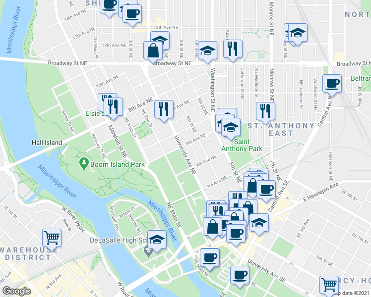 map of restaurants, bars, coffee shops, grocery stores, and more near 317 5th Avenue Northeast in Minneapolis