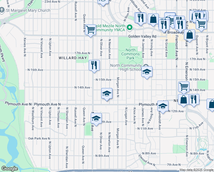 map of restaurants, bars, coffee shops, grocery stores, and more near 1429 North Newton Avenue in Minneapolis