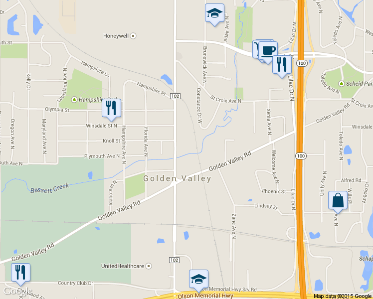 map of restaurants, bars, coffee shops, grocery stores, and more near 1571 Constance Dr W in Minneapolis