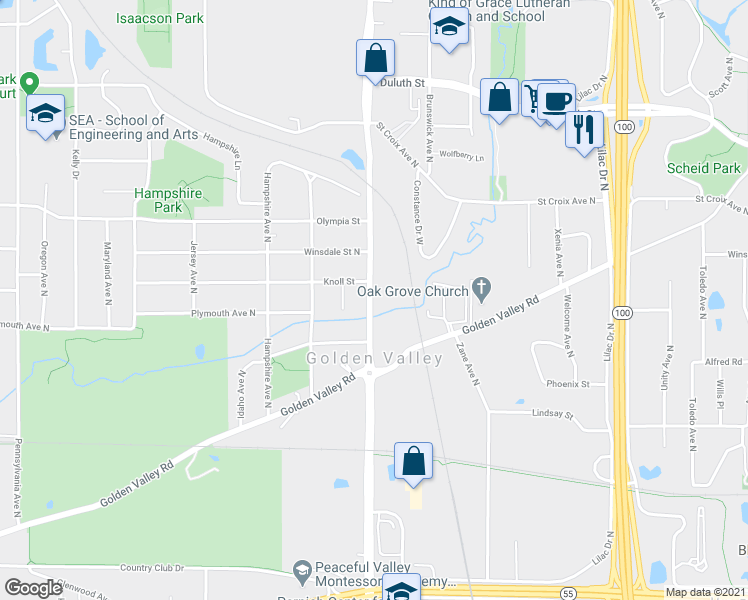 map of restaurants, bars, coffee shops, grocery stores, and more near 1370 Douglas Drive North in Minneapolis