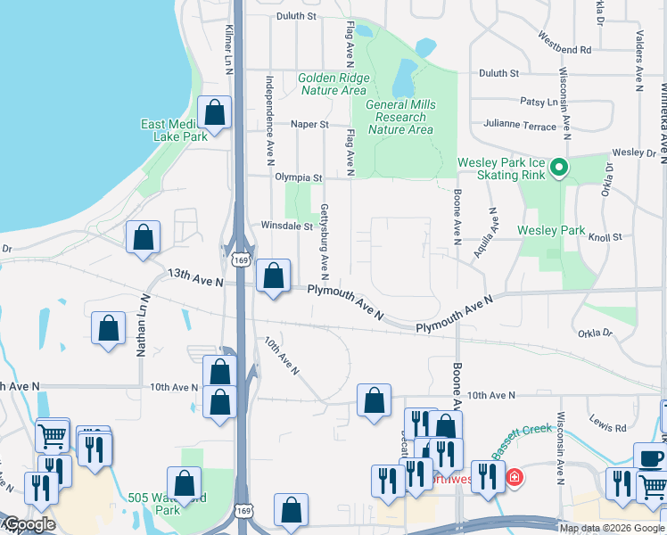 map of restaurants, bars, coffee shops, grocery stores, and more near 1325 Flag Avenue North in Minneapolis