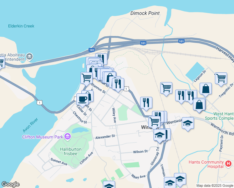 map of restaurants, bars, coffee shops, grocery stores, and more near 189 Gerrish Street in Windsor