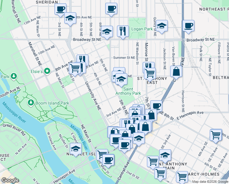 map of restaurants, bars, coffee shops, grocery stores, and more near 425 5th Street Northeast in Minneapolis