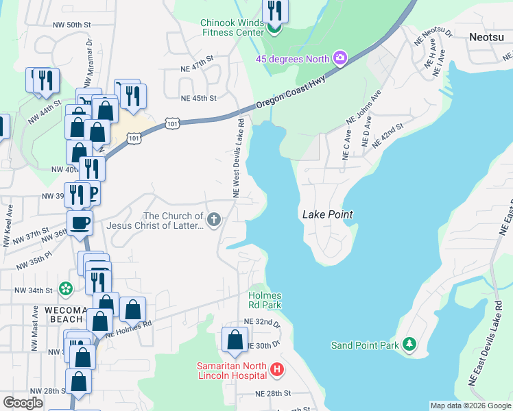 map of restaurants, bars, coffee shops, grocery stores, and more near 3640 Northeast West Devils Lake Road in Lincoln City
