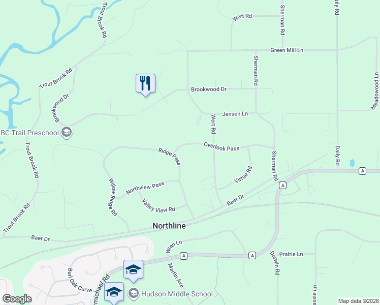 map of restaurants, bars, coffee shops, grocery stores, and more near 445 Overlook Pass in Hudson