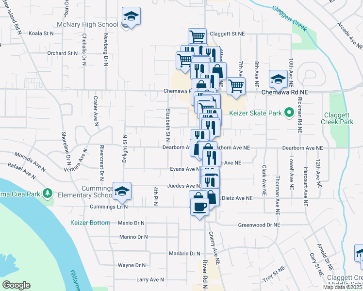 map of restaurants, bars, coffee shops, grocery stores, and more near 234 Churchdale Avenue North in Keizer