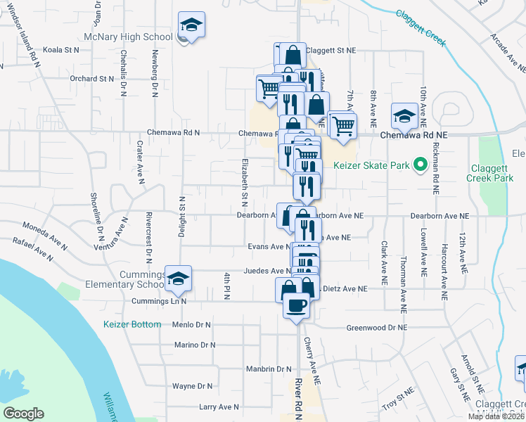 map of restaurants, bars, coffee shops, grocery stores, and more near 234 Churchdale Avenue North in Keizer