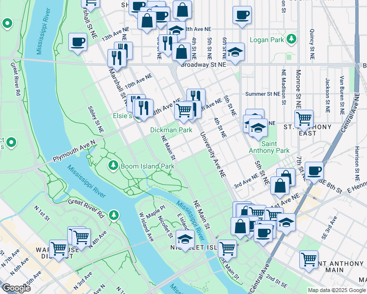 map of restaurants, bars, coffee shops, grocery stores, and more near 604 Northeast 2nd Street in Minneapolis