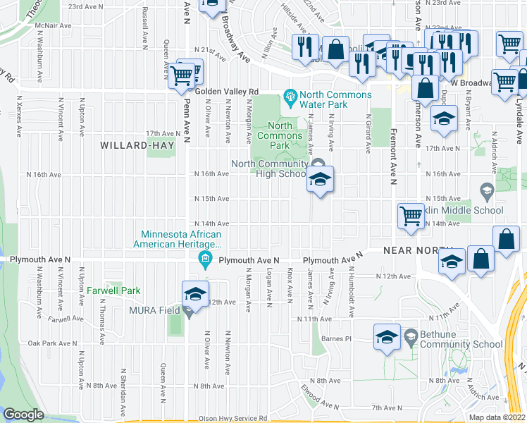 map of restaurants, bars, coffee shops, grocery stores, and more near 1430 Logan Avenue North in Minneapolis