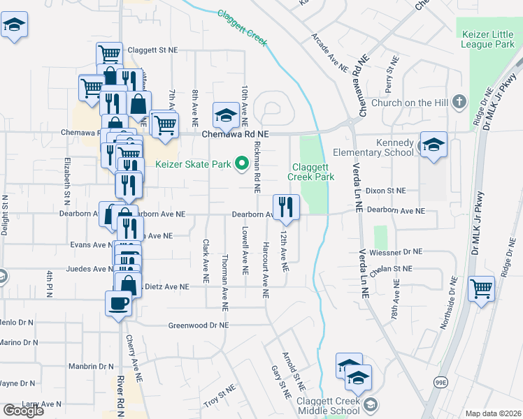 map of restaurants, bars, coffee shops, grocery stores, and more near 4810 Rickman Road Northeast in Keizer