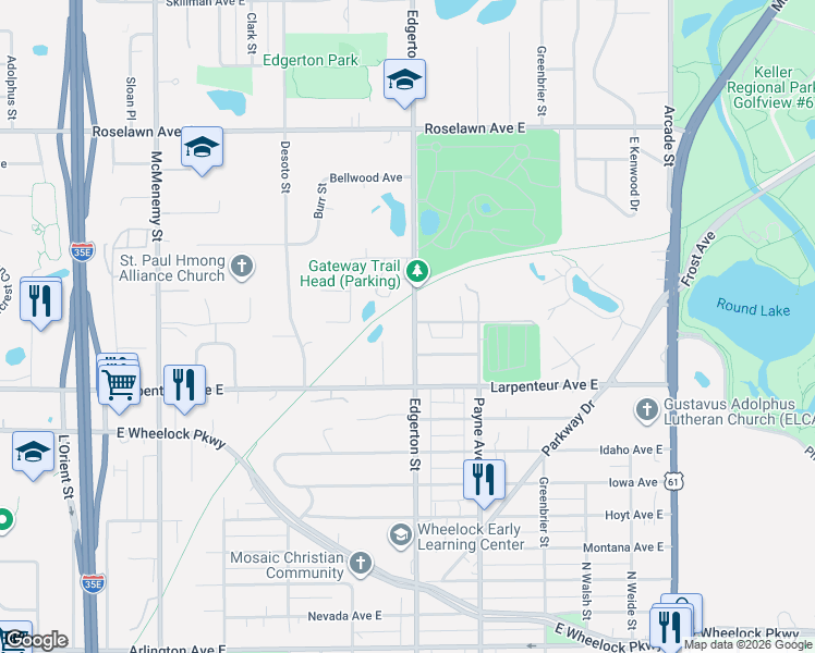 map of restaurants, bars, coffee shops, grocery stores, and more near 1741 Edgerton Street in Saint Paul