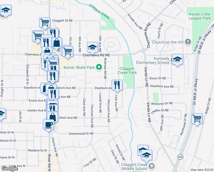 map of restaurants, bars, coffee shops, grocery stores, and more near 4838 Rickman Road Northeast in Keizer