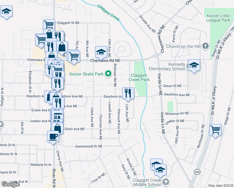 map of restaurants, bars, coffee shops, grocery stores, and more near 4810 Rickman Road Northeast in Keizer