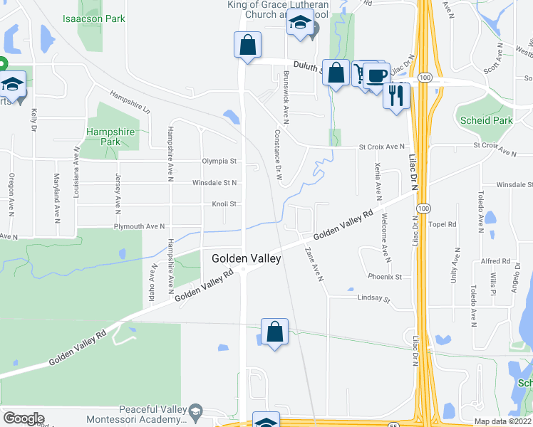 map of restaurants, bars, coffee shops, grocery stores, and more near 1370 Douglas Drive North in Minneapolis