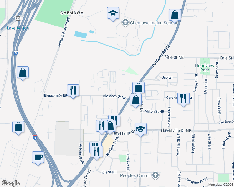 map of restaurants, bars, coffee shops, grocery stores, and more near 3791 Blossom Drive Northeast in Salem