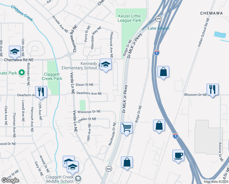 map of restaurants, bars, coffee shops, grocery stores, and more near 4793 Joyce Street in Keizer