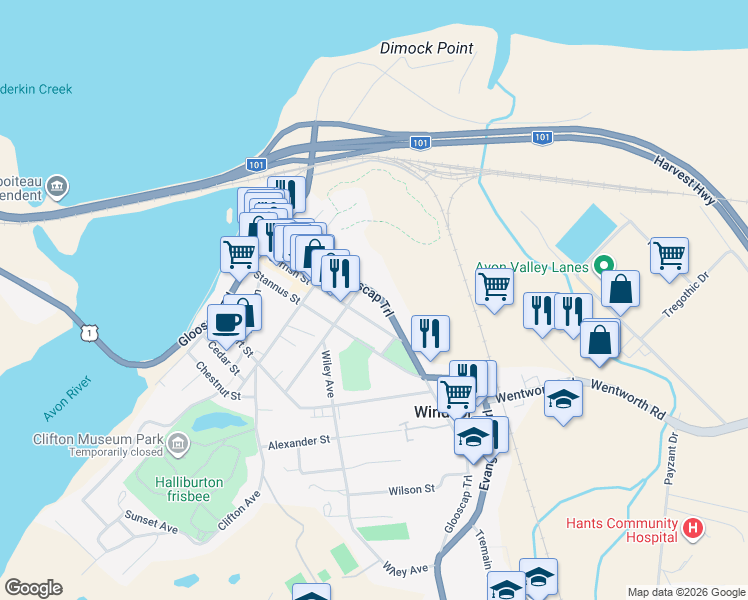 map of restaurants, bars, coffee shops, grocery stores, and more near 266 King Street in Windsor