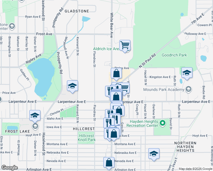 map of restaurants, bars, coffee shops, grocery stores, and more near 1753 White Bear Avenue in Maplewood