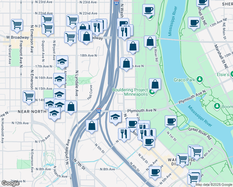 map of restaurants, bars, coffee shops, grocery stores, and more near 1429 North Washington Avenue in Minneapolis