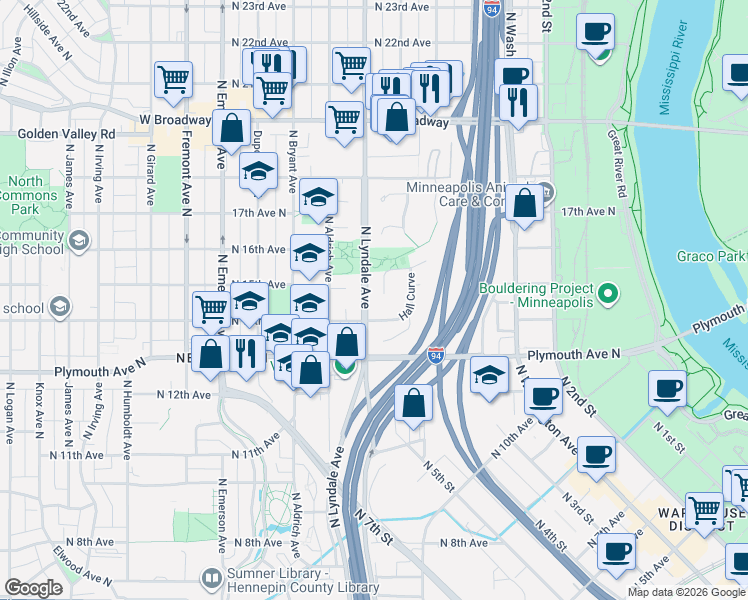 map of restaurants, bars, coffee shops, grocery stores, and more near 624 Hall Lane in Minneapolis