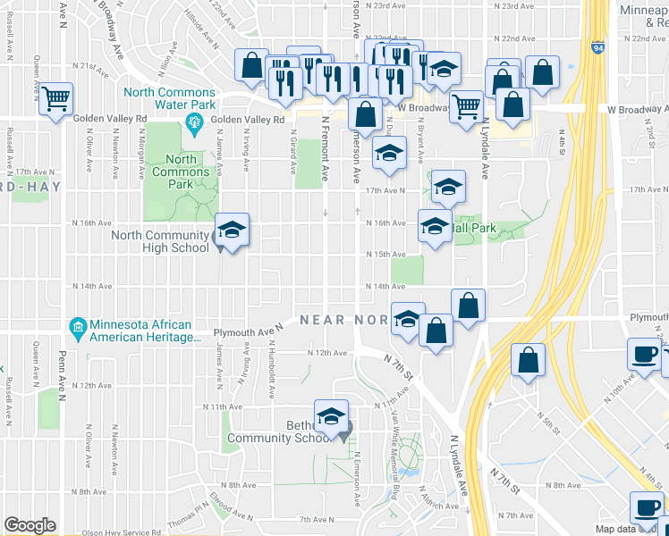 map of restaurants, bars, coffee shops, grocery stores, and more near 1424 North Fremont Avenue in Minneapolis