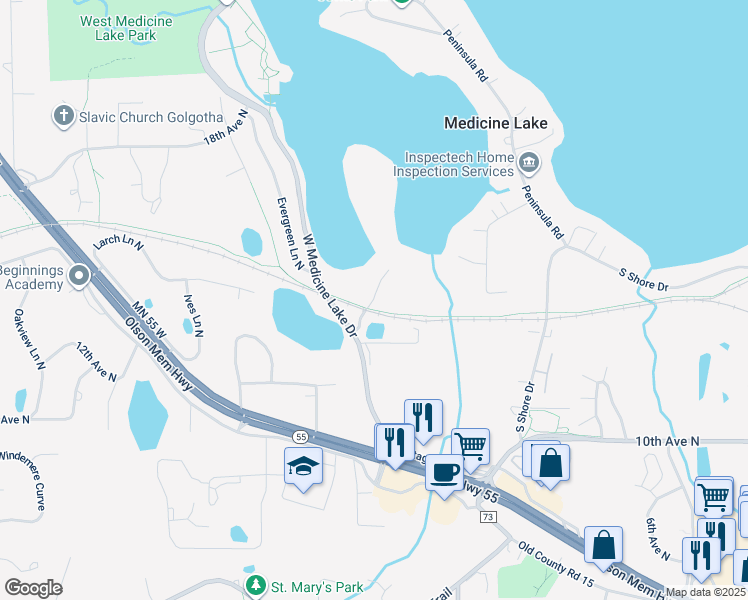 map of restaurants, bars, coffee shops, grocery stores, and more near 1300 West Medicine Lake Drive in Plymouth