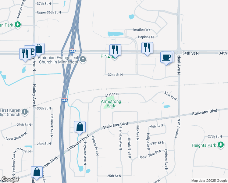 map of restaurants, bars, coffee shops, grocery stores, and more near 7496 31st Street North in Oakdale