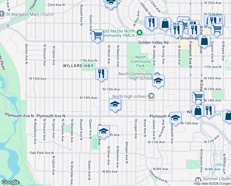 map of restaurants, bars, coffee shops, grocery stores, and more near 1429 North Newton Avenue in Minneapolis