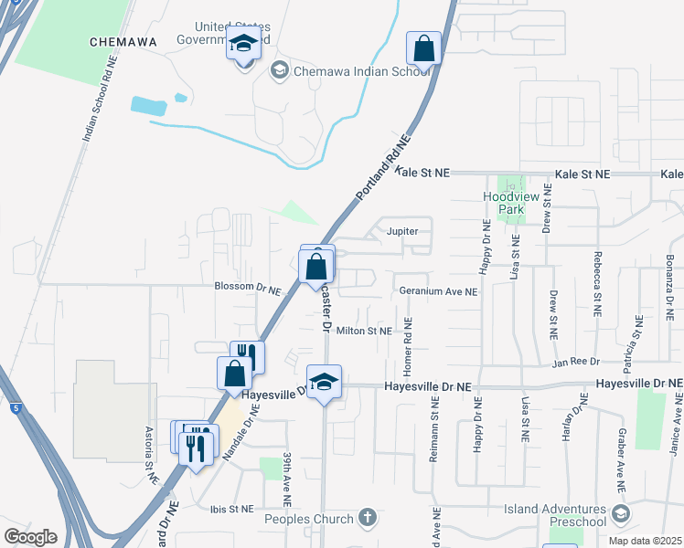 map of restaurants, bars, coffee shops, grocery stores, and more near 4848-4860 Lancaster Drive Northeast in Salem