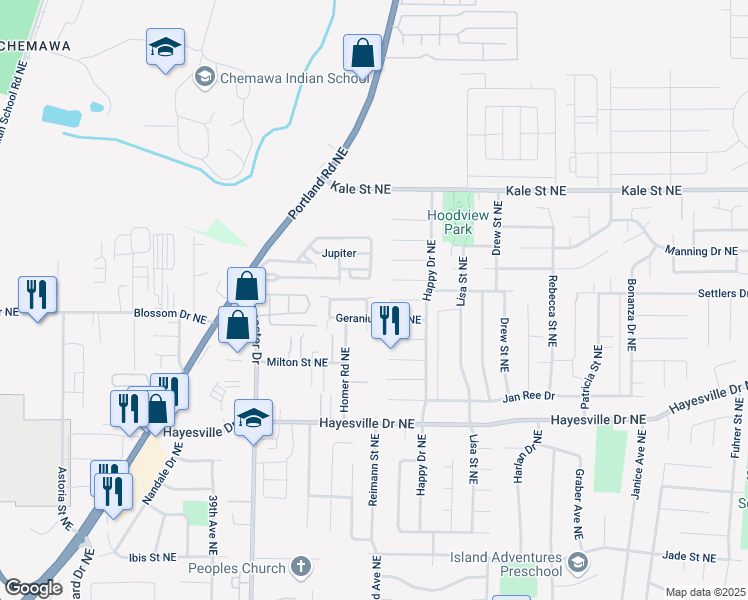 map of restaurants, bars, coffee shops, grocery stores, and more near 4221 Windflower Court Northeast in Salem