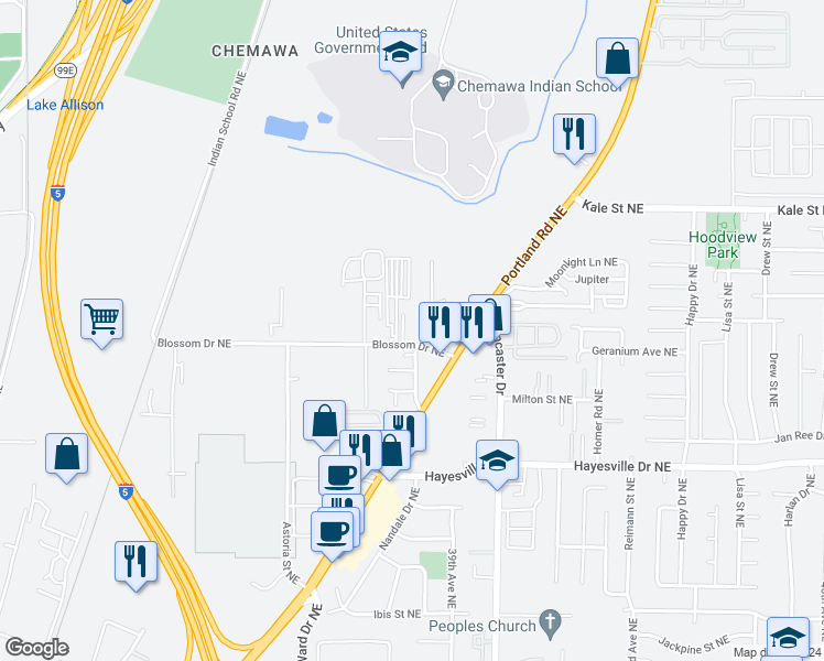 map of restaurants, bars, coffee shops, grocery stores, and more near 3791 Blossom Drive Northeast in Salem