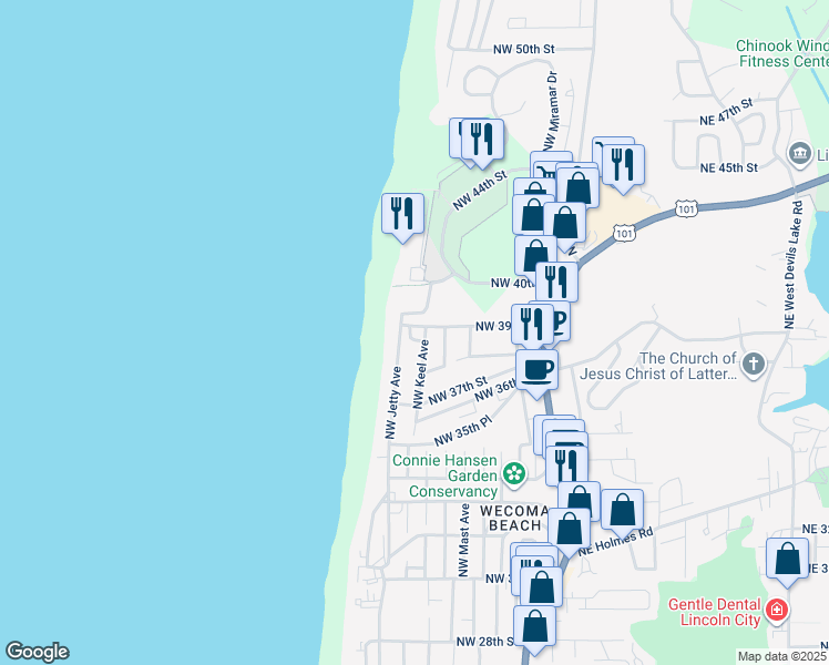 map of restaurants, bars, coffee shops, grocery stores, and more near 1601 Northwest 39th Street in Lincoln City