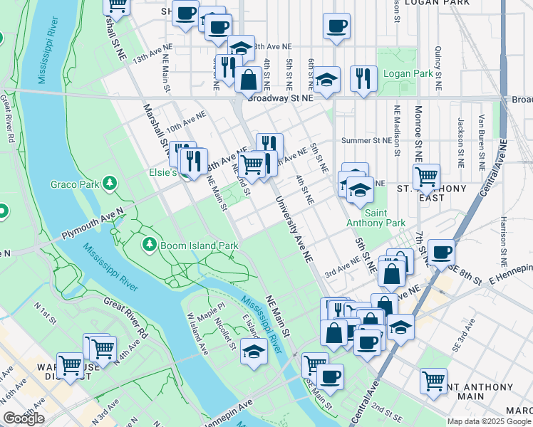 map of restaurants, bars, coffee shops, grocery stores, and more near 514 University Avenue Northeast in Minneapolis