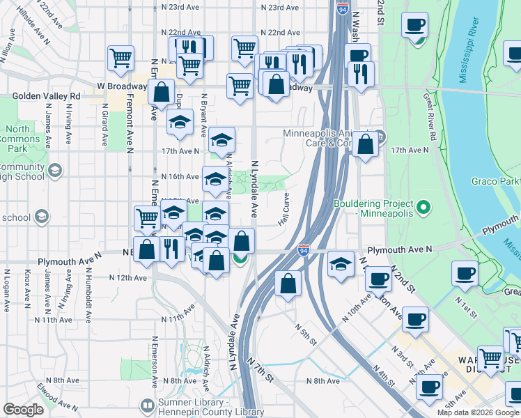 map of restaurants, bars, coffee shops, grocery stores, and more near 624 Hall Lane in Minneapolis